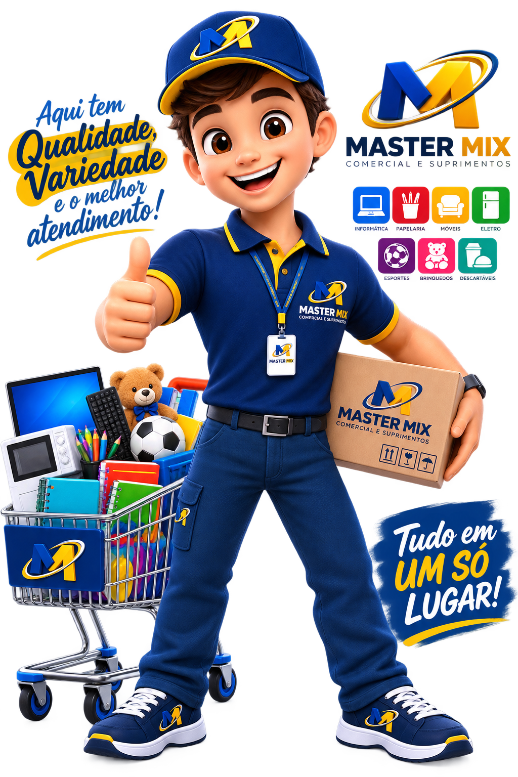 Mascote Master Mix com carrinho de compras cheio de produtos